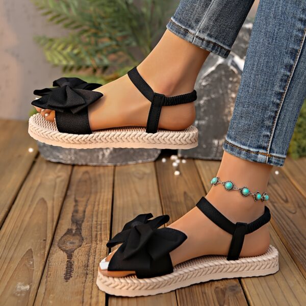 Elegant Women's Mary Jane Flat Sandals with Black Bow Detail - Lightweight Soft Microfiber Slip-On Open-Toe Beach Shoes, Comfortable EVA Sole for Casual & Formal Wear, All-Season Versatile Design, Summer Footwear, Bowadorned Shoes, Breezy Look, Breathable Fabric - Image 8