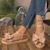 Elegant Women's Mary Jane Flat Sandals with Black Bow Detail - Lightweight Soft Microfiber Slip-On Open-Toe Beach Shoes, Comfortable EVA Sole for Casual & Formal Wear, All-Season Versatile Design, Summer Footwear, Bowadorned Shoes, Breezy Look, Breathable Fabric - Image 15