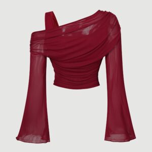 Elegant Burgundy Off-Shoulder Mesh Top for Women