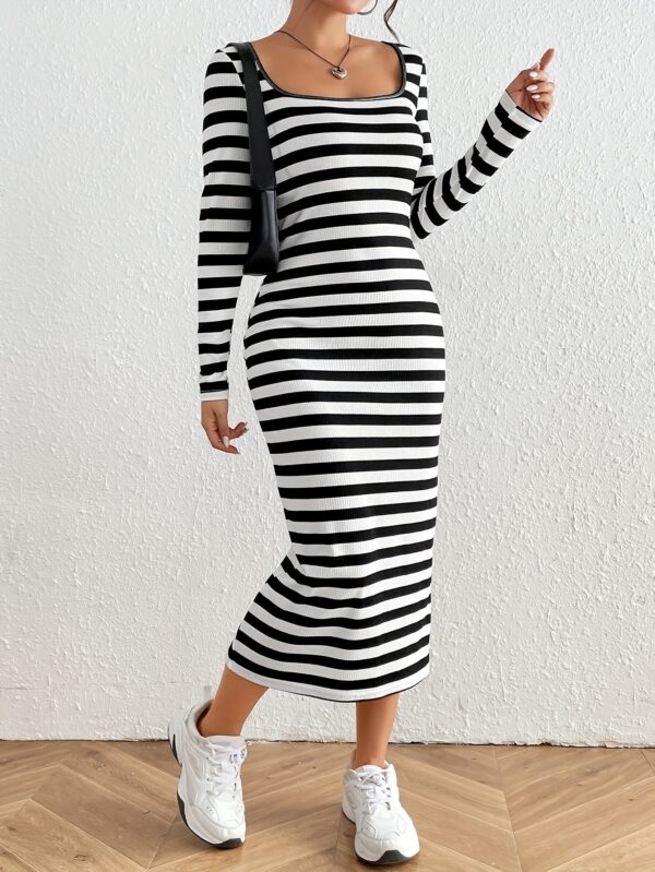 1 Class Glamour: Striped Pattern Slim Long Sleeve Dress - Image 2