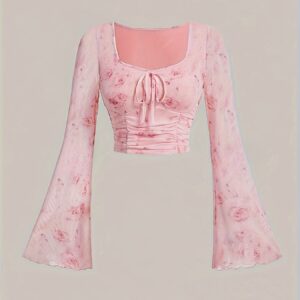Women's Elegant Floral Print Square Neck Bell Sleeve