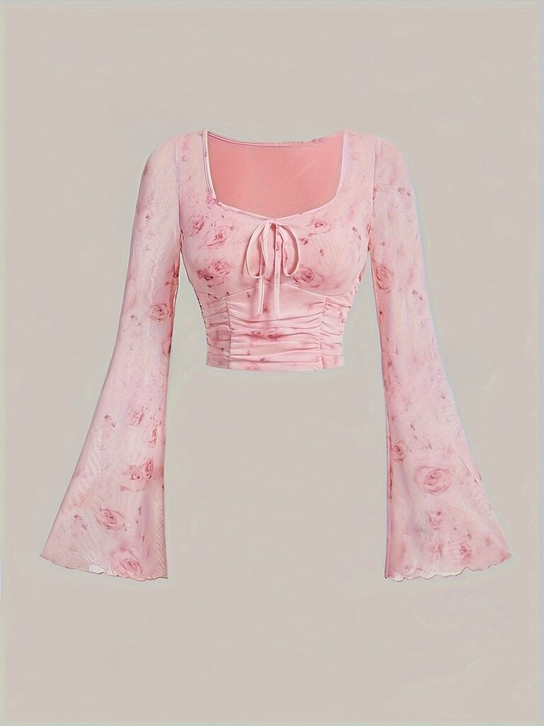 Women's Elegant Floral Print Square Neck Bell Sleeve