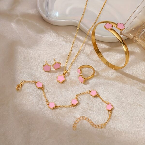 Lucky Clover Bracelet, Necklace, Earrings, Bracelet, Ring Five-piece Set - Image 6