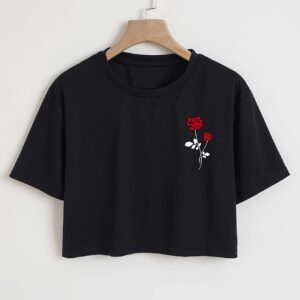 Women's Black Rose Print Cropped T-Shirt