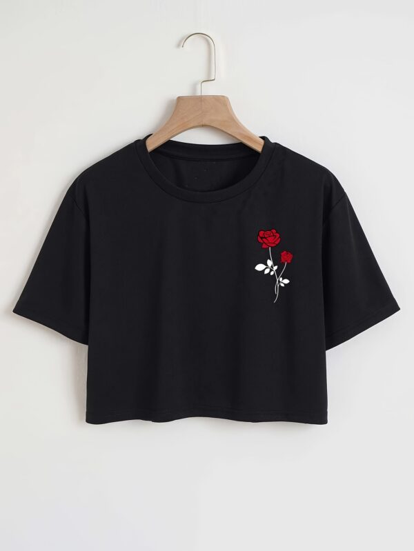 Women's Black Rose Print Cropped T-Shirt