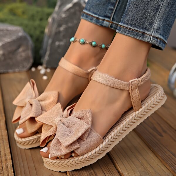 Elegant Women's Mary Jane Flat Sandals with Black Bow Detail - Lightweight Soft Microfiber Slip-On Open-Toe Beach Shoes, Comfortable EVA Sole for Casual & Formal Wear, All-Season Versatile Design, Summer Footwear, Bowadorned Shoes, Breezy Look, Breathable Fabric - Image 3