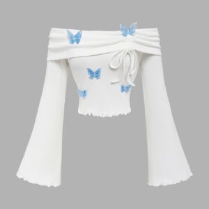 1pc Women'S White Off-Shoulder Flare Sleeve T-Shirt with Blue Butterfly Embellishments