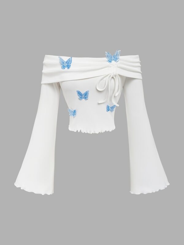 1pc Women'S White Off-Shoulder Flare Sleeve T-Shirt with Blue Butterfly Embellishments
