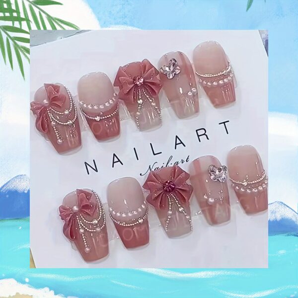 Pink Princess Gradient Butterfly Bow Handcrafted Nails - Image 3