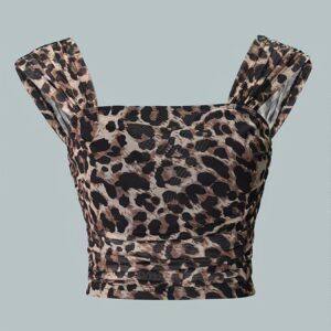 Backless Square Neck Tank Top with Micro-Elastic Leopard Print Straps
