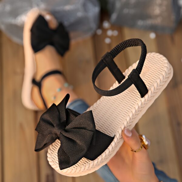 Elegant Women's Mary Jane Flat Sandals with Black Bow Detail - Lightweight Soft Microfiber Slip-On Open-Toe Beach Shoes, Comfortable EVA Sole for Casual & Formal Wear, All-Season Versatile Design, Summer Footwear, Bowadorned Shoes, Breezy Look, Breathable Fabric - Image 6