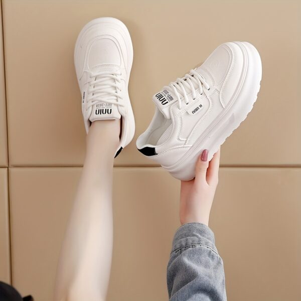 Women's White Low-Top Lace-Up Casual Sneakers with Thick Cushioned TPU Sole - Image 8