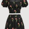 Romantic Casual Sweet Set with Tulip Print Lantern Sleeve Design and Skirt - Image 6