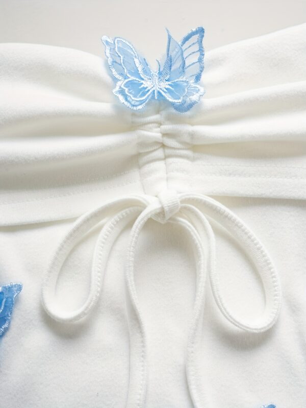 1pc Women'S White Off-Shoulder Flare Sleeve T-Shirt with Blue Butterfly Embellishments - Image 3