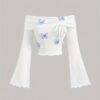 1pc Women'S White Off-Shoulder Flare Sleeve T-Shirt with Blue Butterfly Embellishments - Image 6