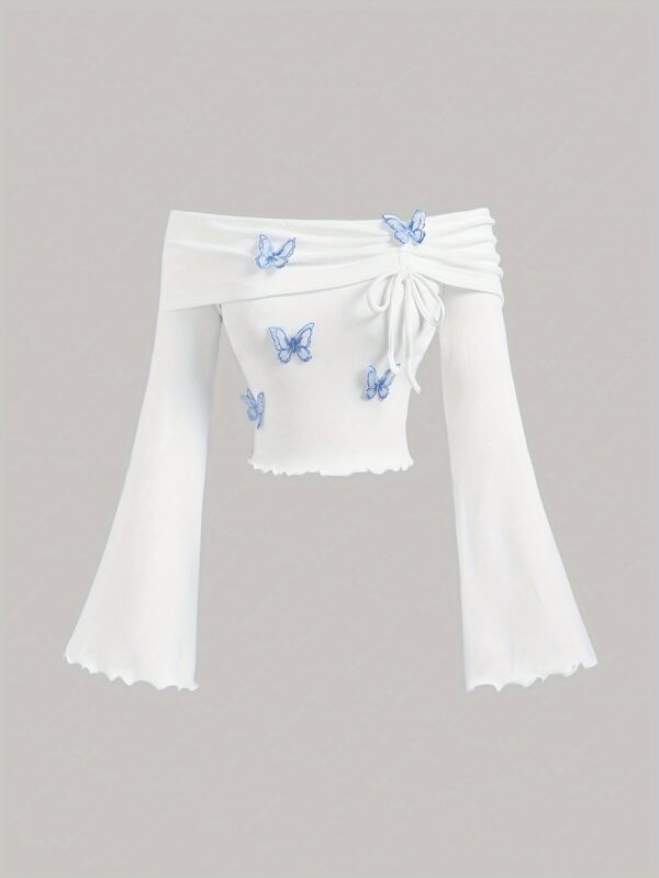 1pc Women'S White Off-Shoulder Flare Sleeve T-Shirt with Blue Butterfly Embellishments - Image 6