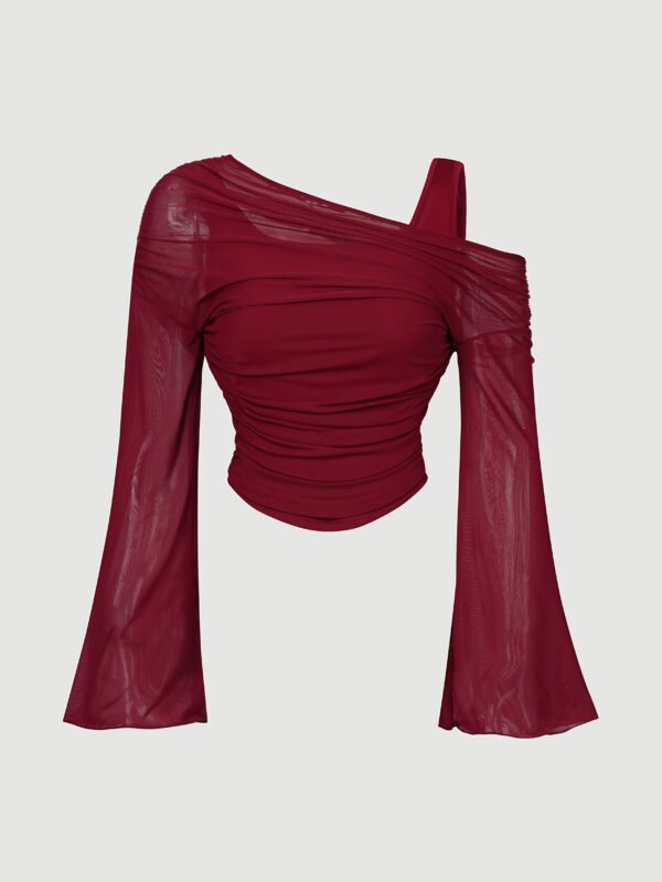 Elegant Burgundy Off-Shoulder Mesh Top for Women - Image 2