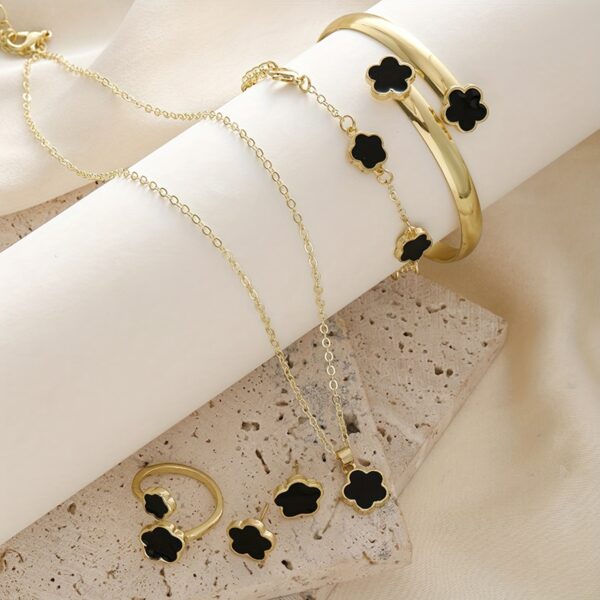 Lucky Clover Bracelet, Necklace, Earrings, Bracelet, Ring Five-piece Set - Image 2