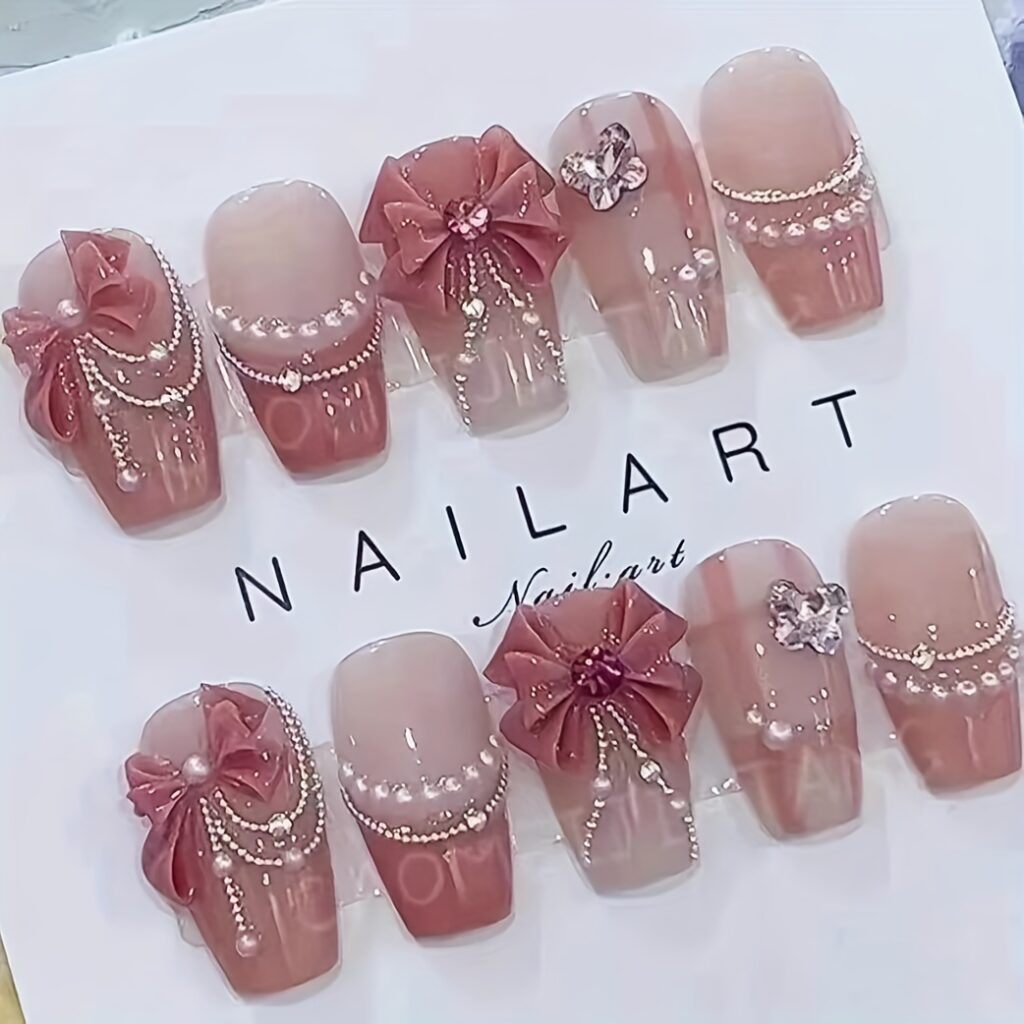 Pink Princess Gradient Butterfly Bow Handcrafted Nails