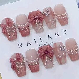 Pink Princess Gradient Butterfly Bow Handcrafted Nails