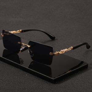 A pair of fashionable glasses with a retro style, featuring rimless leopard print temples and a compact trendy frame