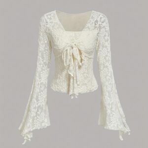 Women's Lace Bell Sleeve T-Shirt with Front Bow Tie Detail - Stretchy Semi-Sheer Blouse