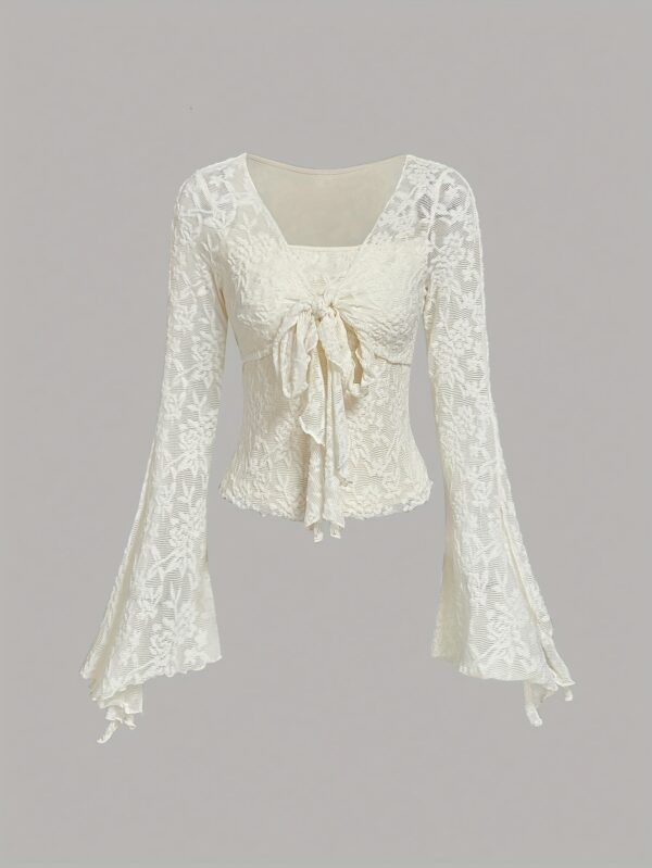 Women's Lace Bell Sleeve T-Shirt with Front Bow Tie Detail - Stretchy Semi-Sheer Blouse