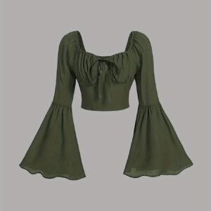 Solid Color Front-Tie Short Blouse with Bell Sleeves