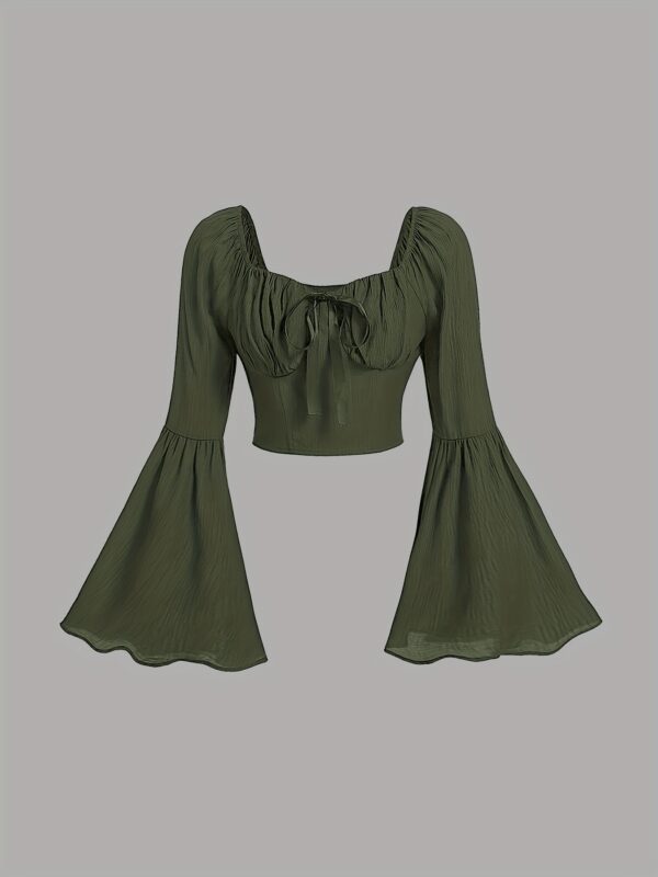 Solid Color Front-Tie Short Blouse with Bell Sleeves