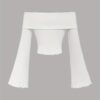 1pc Women'S White Off-Shoulder Flare Sleeve T-Shirt with Blue Butterfly Embellishments - Image 2