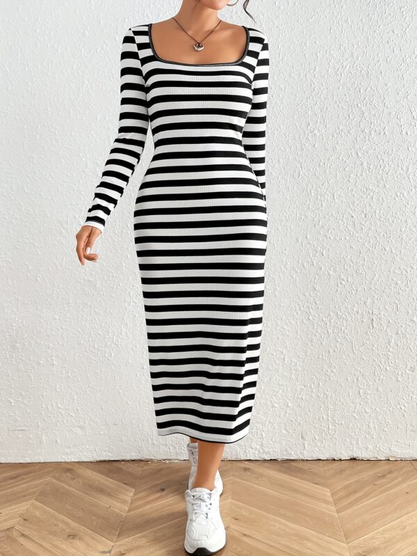 1 Class Glamour: Striped Pattern Slim Long Sleeve Dress - Image 5