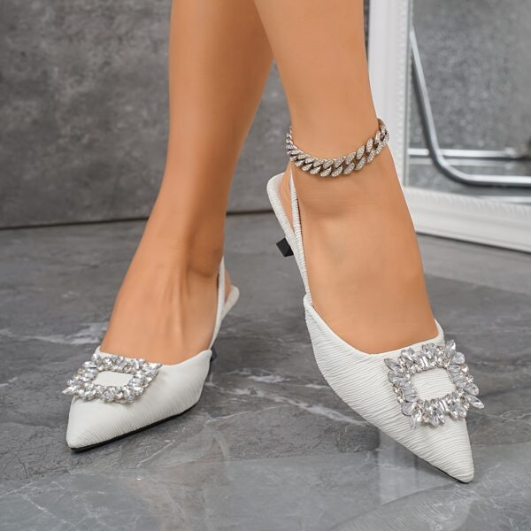 Women's White Rhinestone-Embellished Pointed-Toe Summer Sandals with Adjustable Back Strap - Image 8
