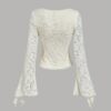 Women's Lace Bell Sleeve T-Shirt with Front Bow Tie Detail - Stretchy Semi-Sheer Blouse - Image 2