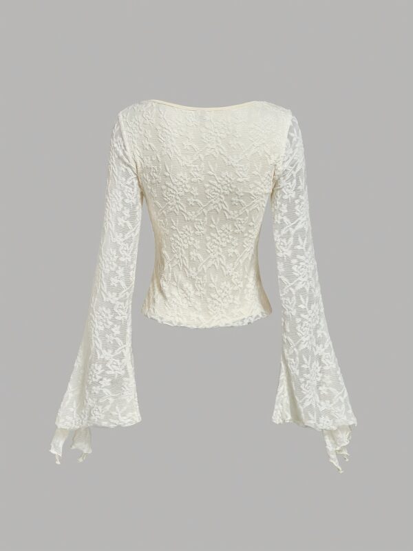 Women's Lace Bell Sleeve T-Shirt with Front Bow Tie Detail - Stretchy Semi-Sheer Blouse - Image 2