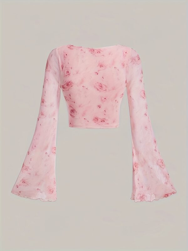 Women's Elegant Floral Print Square Neck Bell Sleeve - Image 2