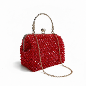 Luxury Red Crystal Beaded Evening Clutch Bag with Gold Handle & Chain