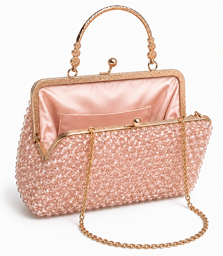 Luxury Crystal Beaded Evening Clutch Bag with Gold Handle & Chain - Image 2